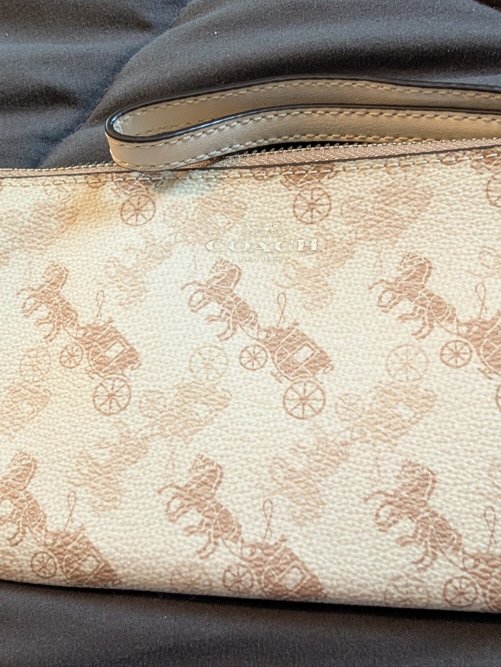 Coach Cream Canvas Wristlet with Tan Carriage Print